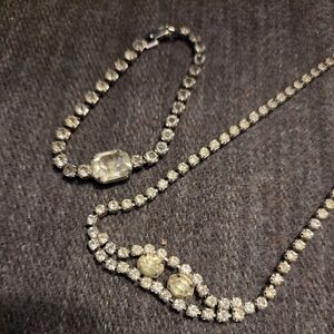 Vintage 1950s Rhinestone Necklace Bracelet Set‎ Silver Tone Mid Century Glam
